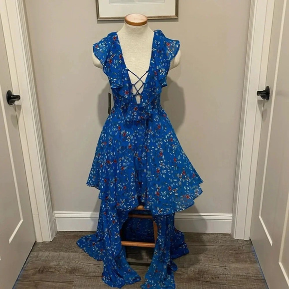 NWT!! Lulu’s - Always and Forever Blue Floral Print Lace-Up High-Low Dress - XS - Picture 5 of 12